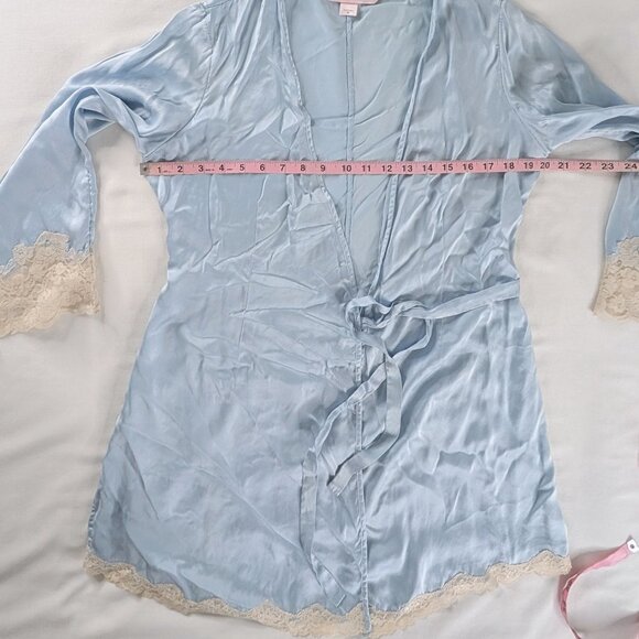 Y2k Soft Blue Cream Silk Lace Trim Chemise Slip Dress and Matching Robe - Picture 7 of 14